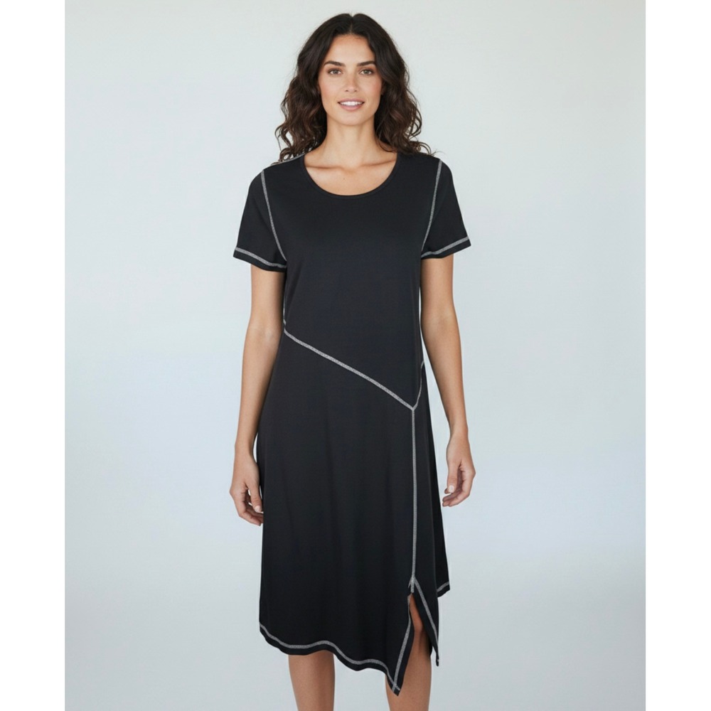 Soft Surroundings Exposed Seam Asymmetrical Short Sleeve Jersey Dress Black S